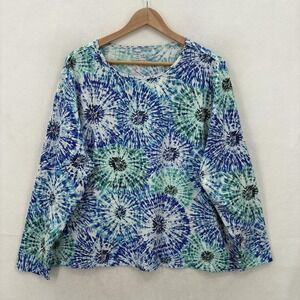 Lands End Shirt Womens 1X Blue Green Sunburst Tie Dye Swim Rash Guard Nylon